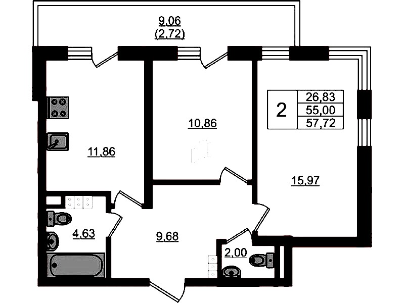 2-комнатная квартира 57.72 м², 4/4 эт., ЖК «Новая история»